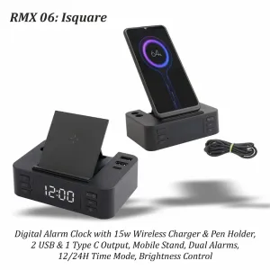 ISquare - Digital Alarm Clock with 15w Wireless Charger and Pen Holder