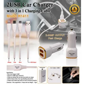 Dual Port USB Card charger with 3 in 1 Cable 