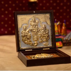 Laxmi Saraswati Ganpati Gold Plated Photo Frame with Charan Paduka

- M