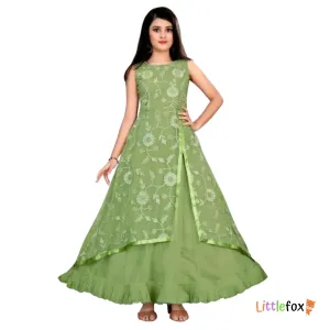 Girls Mint Green Net Ethnic Gowns