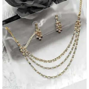 Stylish Gold-Plated Triple Layer Necklace Set with Matching Earrings | Elegant Party Jewel