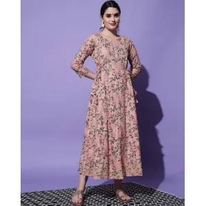 Women's Flowers Print Deep Neck Anarkali Kurta Zig Zag Style