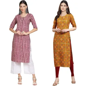Fashionable Straight Multicoloured Printed Crepe Kurta For Women Combo Pack Of 2