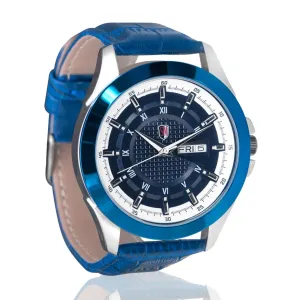 SM MENS (DAY & DATE ) BLUE BEZEL WITH LEATHER STRAP WATCH