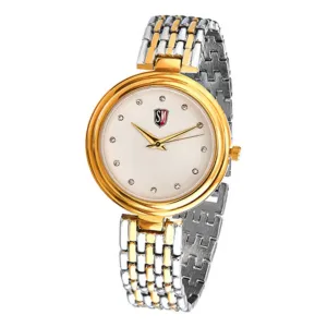 Sm Ladies Stone Embedded Two Tone Gold Watch With Mesh Metal Strap
