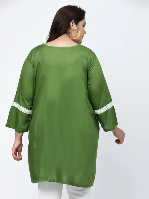 Bohemian Green Thigh-Length Short Kurti with Lays - Round Neck, Three Quarter Sleeves, Perfect for Summer and Casual Occasions - Montho