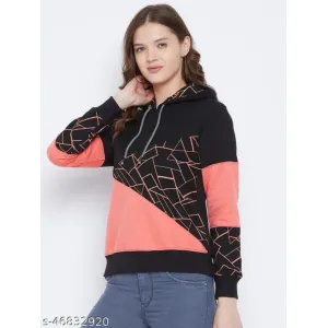 First Crush Women's Fleece Black Full Sleeves Colorblocked Hooded Sweatshirt