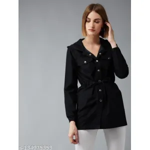 Dolce Crudo Women's Black Round Neck Full Sleeve Solid Long hoodie with tie-up Regular Jac