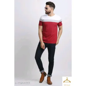 Polo Plus Men Maroon With Cut And Sew Bottom Base Stripe Half Sleeve Cotton T-Shirt