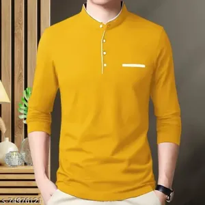 Gespo Men's Mustard Solid Mandarin Collar Full Sleeve T-Shirt  Fabric : Cotton Blend