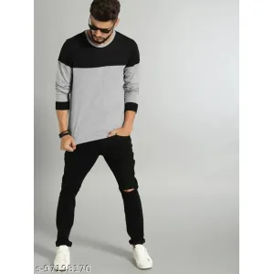 Afalah Men's Stylish Round Neck Full Sleeves Silver N Black T-shirt