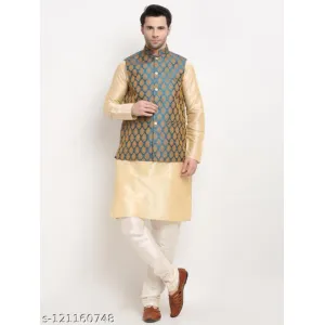 Men's Woven Design Nehru Jacket and Kurta Pyjama Set