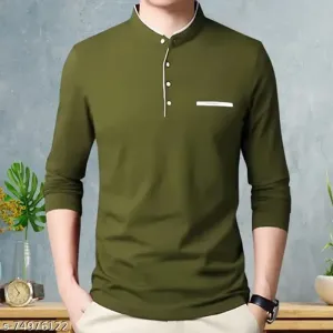  Gespo Men's Dark Green Solid Mandarin Collar Full Sleeve T-Shirt