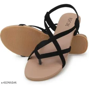 Black Solid T- Strap Flats For Women