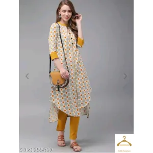 Womans beige mustard yellow printed with KURTA SETS