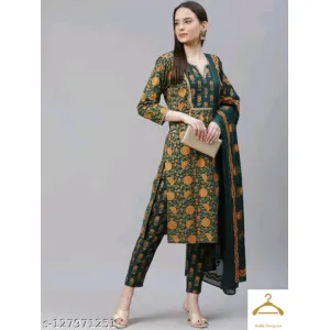 Printed Kurta with lace work, printed Pants & Dupatta Set