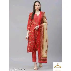 Printed Kurta with lace work, printed Pants & Dupatta Set
