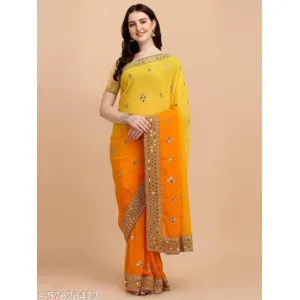 Embroidered Bollywood Poly Georgette Saree  (Yellow)