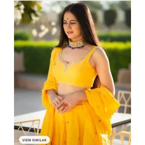 Baisa crafts Yellow and - gold toned  embroidered Block print Lehenga choli with dupatta 