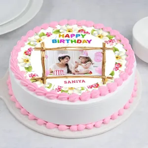 Pink Photo Print Cake Round Shape for Birthday 