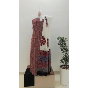 Rust White Hand Block Printed Cotton Suit Fabric with Kota Doria Dupatta