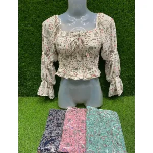 Long-Sleeve Smocked Floral-Print Cutout Bow Top 