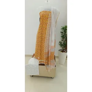 Mustard Yellow White Hand Block Printed Cotton Suit Fabric with Kota Doria Dupatta