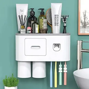 Wall Mounted Toothbrush Holder Stand with Toothpaste Dispenser
