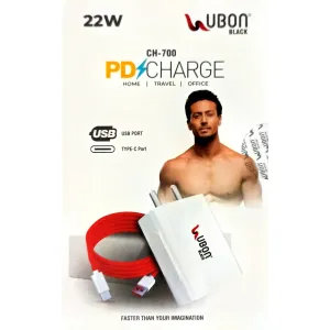 UBON  22 WATT  HIGH SPEED MOBILE PHONE CHARGER WITH DATA CABLE (USB & TYPE-C PORT)