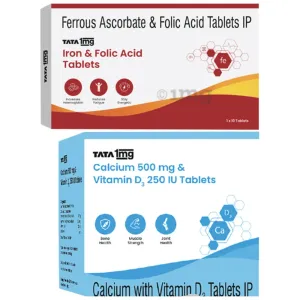 Combo Pack of Tata 1mg Iron and Folic Acid Tablet & Tata 1mg Calcium 500mg & Vitamin D3 