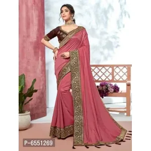 Trendy Pure Vichitra Silk Saree With Heavy Embroidery Work In Lace. And Blouse.