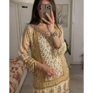 New golden SPECIAL FAUX GEORGETTE SEQUENCES EMBROIDERED WORK TOP AND PANT WITH DUPATTA