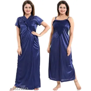 OVIDA Women's and Girl's Plain Satin Nighty with Robe Free Size, Set of 2 (Navy Blue)