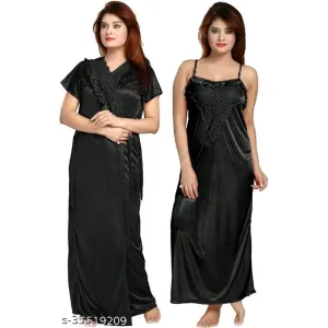 OVIDA Women's and Girl's Plain Satin Nighty with Robe Free Size, Set of 2 (Black)