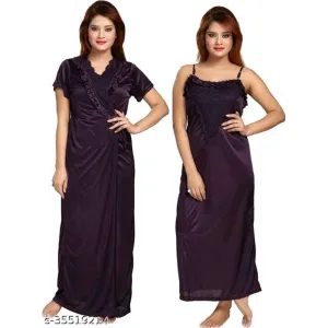 OVIDA Women's and Girl's Plain Satin Nighty with Robe Free Size, Set of 2 (Dark Purple)