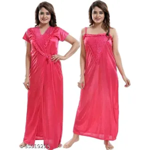 OVIDA Women's and Girl's Plain Satin Nighty with Robe Free Size, Set of 2 (Rani)