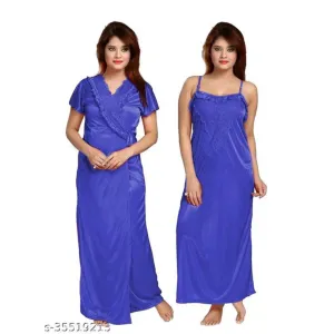 OVIDA Women's and Girl's Plain Satin Nighty with Robe Free Size, Set of 2 (Royal Blue)