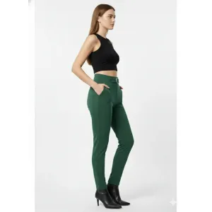 Women's High-Waisted Forest Green Slim-Fit Trousers with Integrated Belt