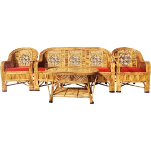 Natural Finish Cane Sofa Set with Table (Bamboo,Brown)
