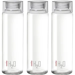 Cello H2O Toughened Glass Fridge Water Bottle with Plastic Cap, 920ml, Set of 3, Clear