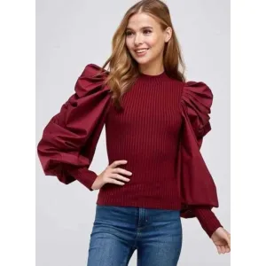 Wine red long puffy sleeves top
