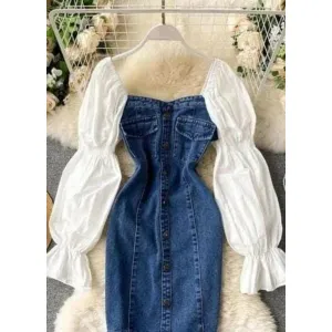 Demin puff white sleeves dress 