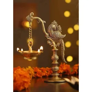 Brass Peacock Lamp With Hanging Diya