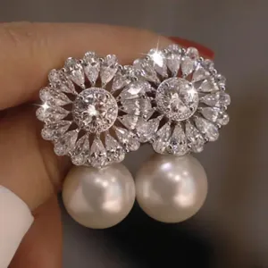 Unique Flower Diamond Pearl Drop Earrings