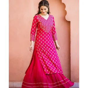 Premium Rayon Fabric Heavy Gold Printed Gotta Detailing Kurti With Gotta Detailing Skirt