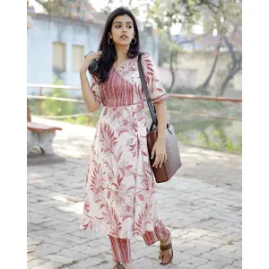 Designer cut with New print Reyon kurti pant set