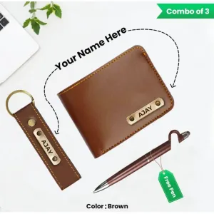 Personalized Name Brown Wallet, Keychain and Pen (Pack of 3)