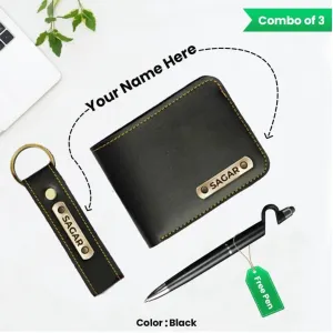 Personalized Name Black Wallet, Keychain and Pen (Pack of 3)