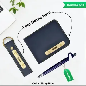 Personalized Name Navy blue Wallet, Keychain and Pen (Pack of 3)