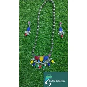 Oxidised Carving Stone Necklace Set